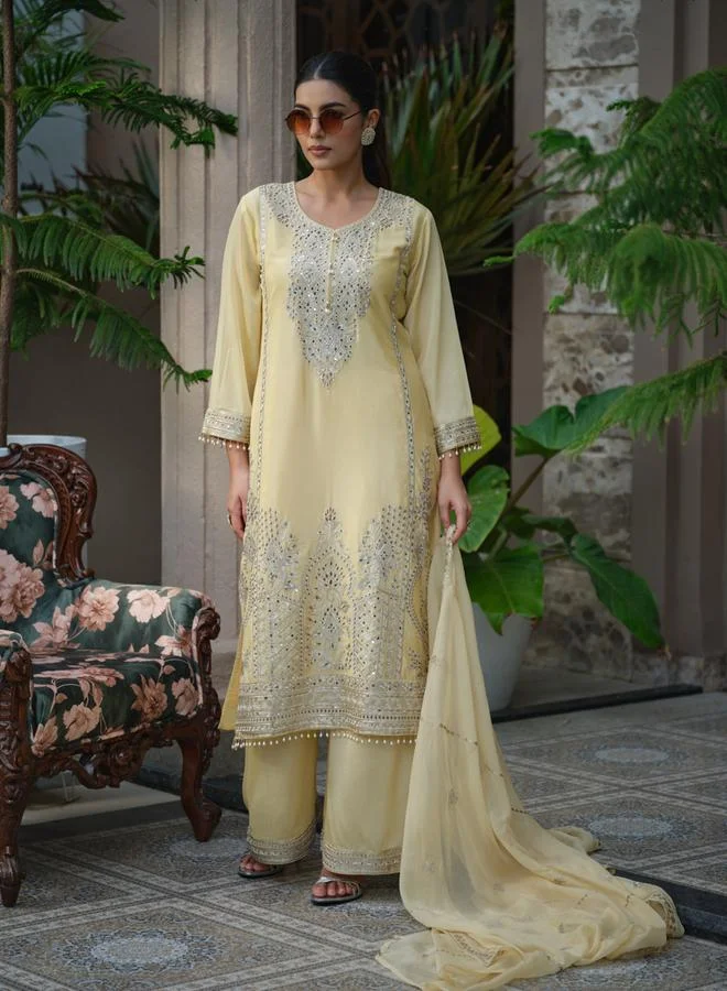 دي دبليو طقم كورتا مستقيمة مطرزة بالأزهار مع بنطال بالازو ودوباتا للنساء